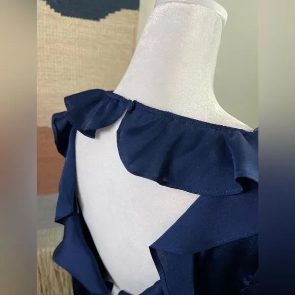 For Love and Lemons 🍋 Blue Satin Better Open Back Ruffle Blouse Size S - Picture 11 of 11